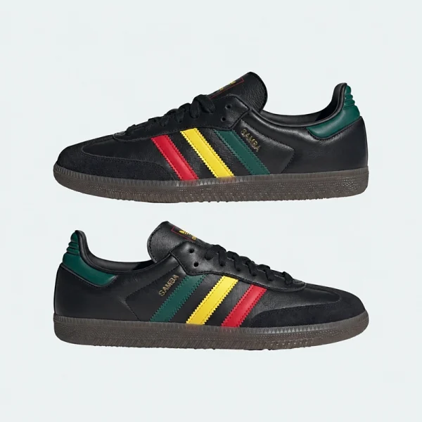 adidas Samba OG 經典黑三彩條紋復古鞋，雙鞋側面展示
