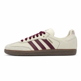 adidas Samba OG 奶油白酒紅復古德訓休閒鞋，完整側面及三條紋設計