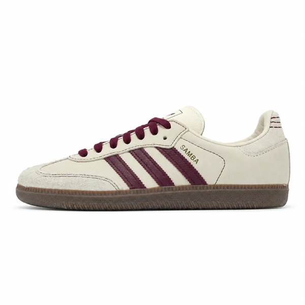 adidas Samba OG 奶油白酒紅復古德訓休閒鞋，完整側面及三條紋設計