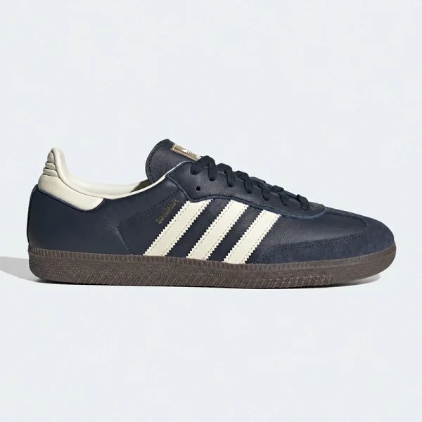 adidas Samba OG 深海藍奶油白配色，低筒鞋型側面展示