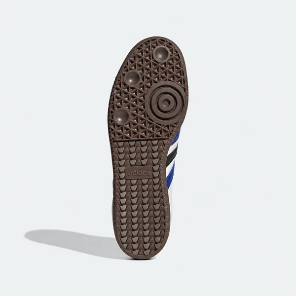 adidas Samba OG 白藍黑配色鞋頭，麂皮拼接與白色鞋帶細節